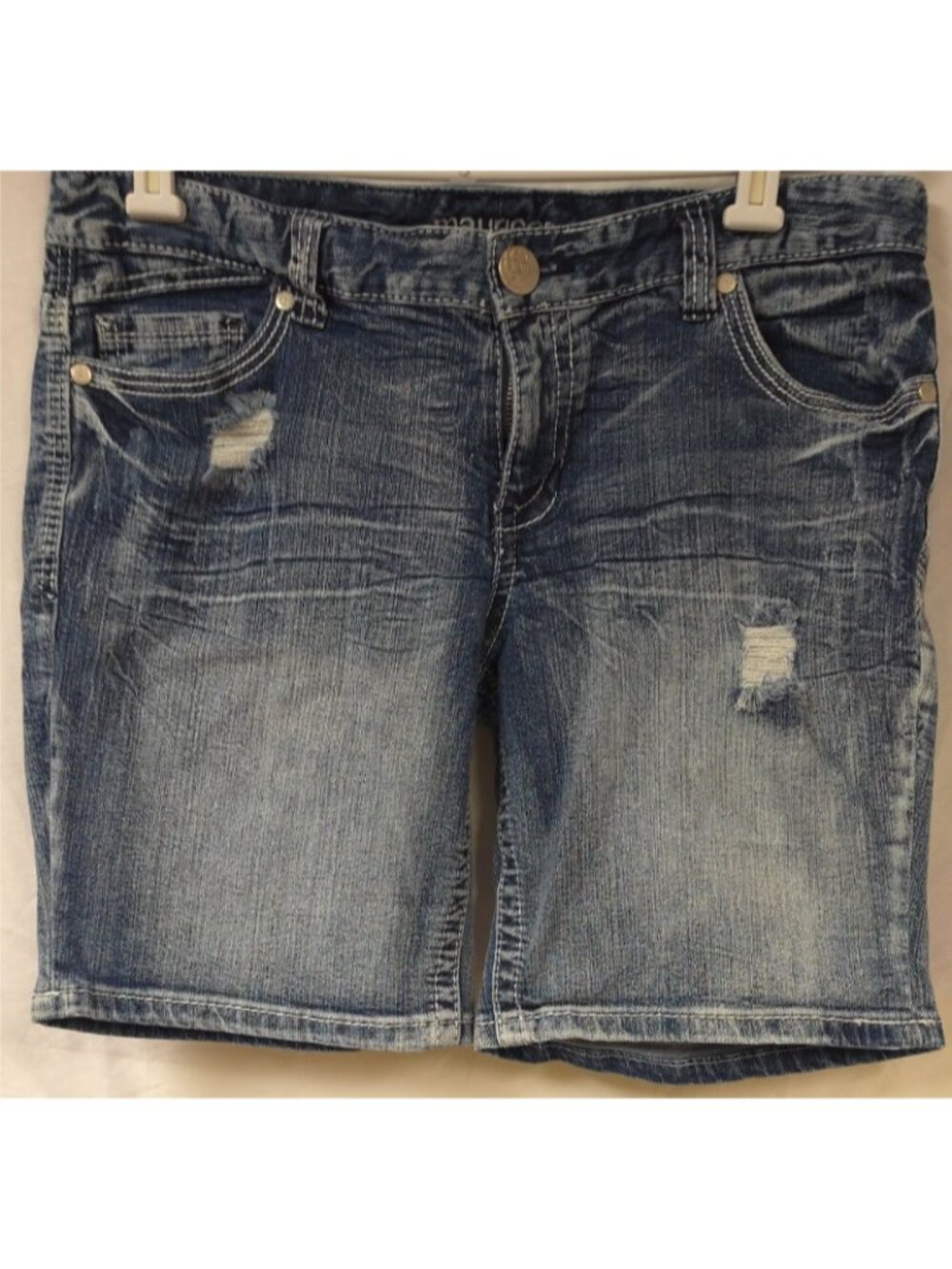 Maurices Sonya Womens 11/12 Reg Blue Distressed Frayed Bermuda Denim Shorts 34x9